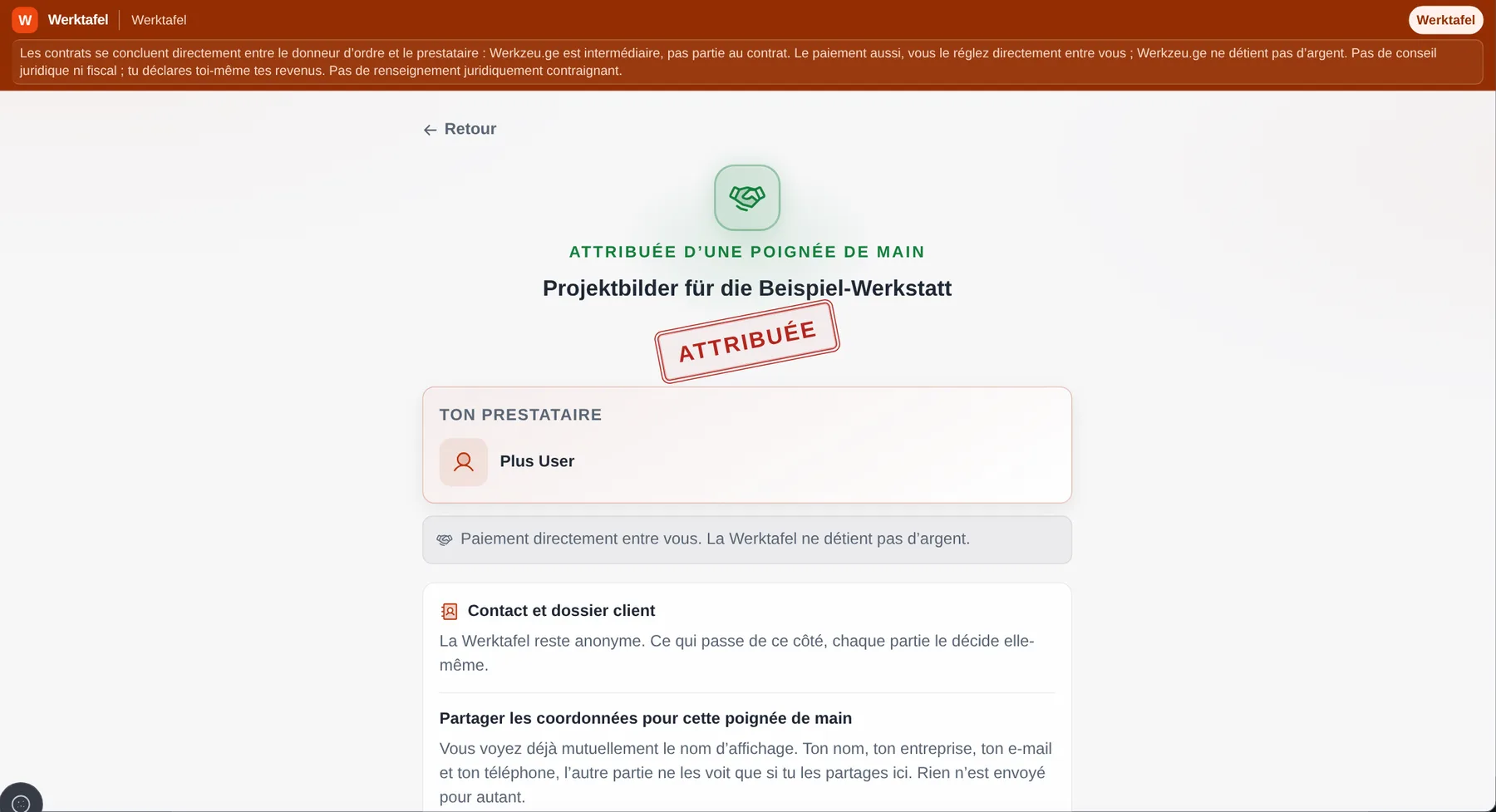 Werktafel: Se retrouver. La poignée de main rend l'étape suivante délibérée.